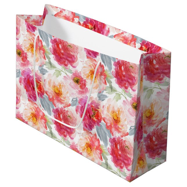 Pink Watercolor Peony Flower Pattern Large Gift Bag (Front Angled)