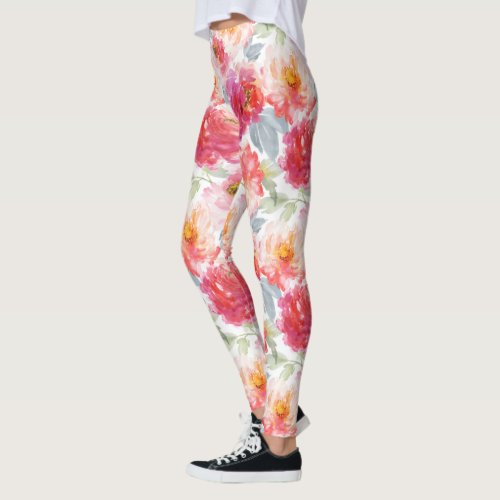 Pink Watercolor Peony Flower Pattern Leggings