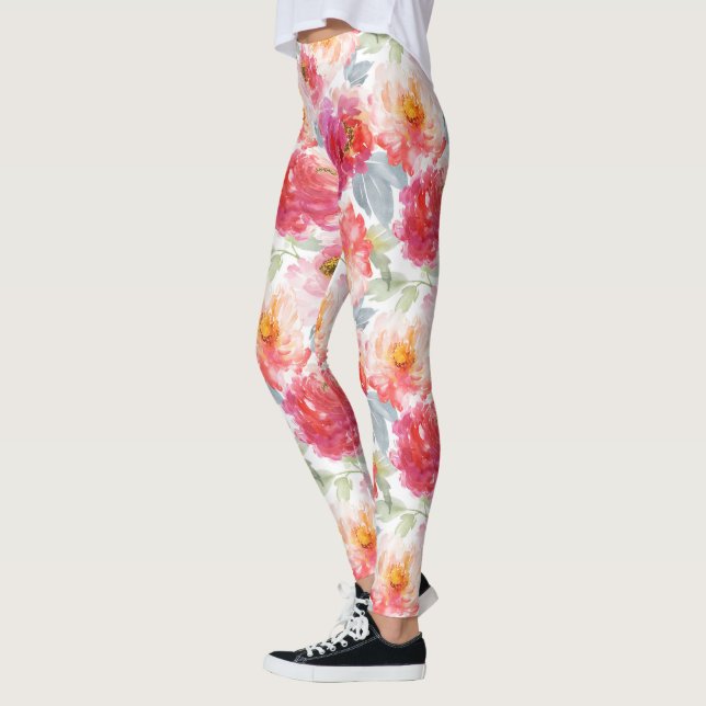 Pink Watercolor Peony Flower Pattern Leggings (Left)