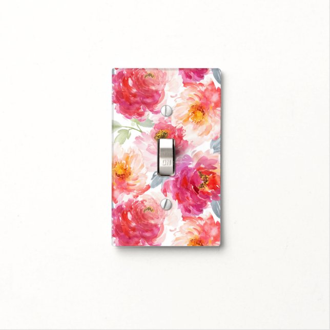 Pink Watercolor Peony Flower Pattern Light Switch Cover (In Situ)