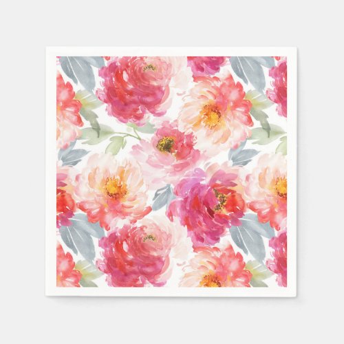 Pink Watercolor Peony Flower Pattern Napkins