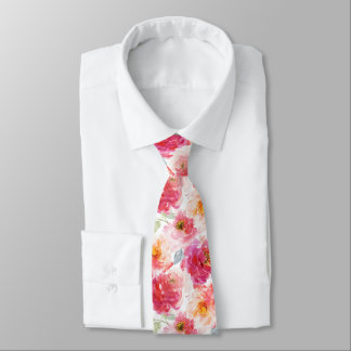 Pink Watercolor Peony Flower Pattern Neck Tie