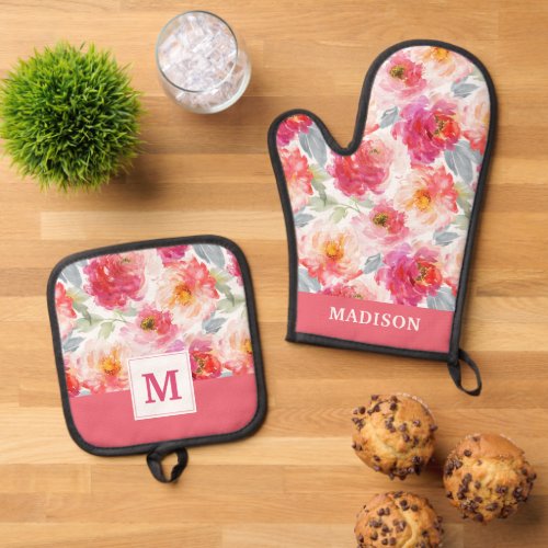 Pink Watercolor Peony Flower Pattern Oven Mitt  Pot Holder Set