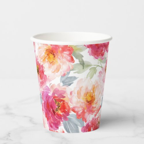 Pink Watercolor Peony Flower Pattern Paper Cups