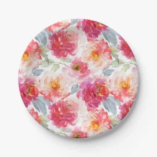 Pink Watercolor Peony Flower Pattern Paper Plates