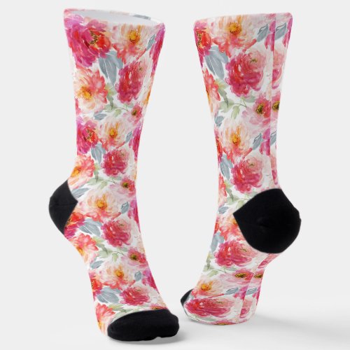 Pink Watercolor Peony Flower Pattern Socks