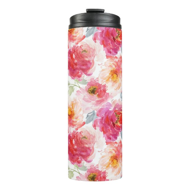 Pink Watercolor Peony Flower Pattern Thermal Tumbler (Front)