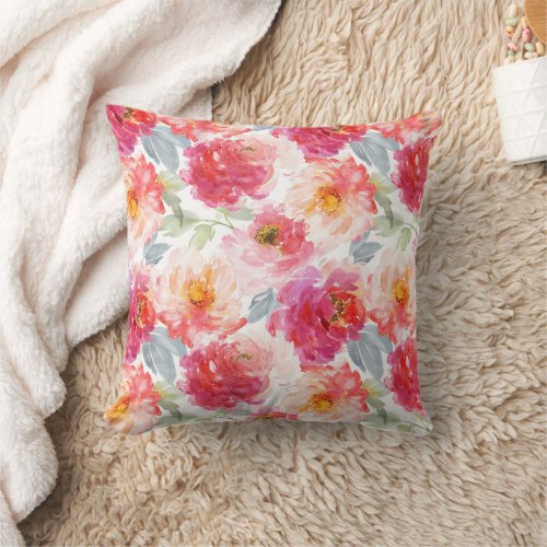 Pink Watercolor Peony Flower Pattern Throw Pillow