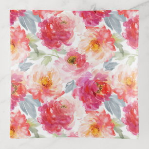 Pink Watercolor Peony Flower Pattern Trinket Tray