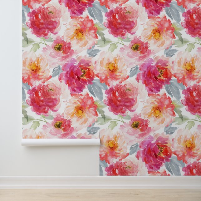 Pink Watercolor Peony Flower Pattern Wallpaper (Application)