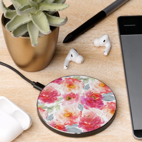 Pink Watercolor Peony Flower Pattern Wireless Charger