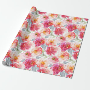 Pink Watercolor Peony Flower Pattern Wrapping Paper