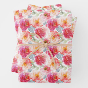 Pink Watercolor Peony Flower Pattern Wrapping Paper Sheets