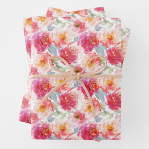 Pink Watercolor Peony Flower Pattern Wrapping Paper Sheets