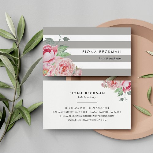 Pink Watercolor Peony  Gray Stripe Business Card