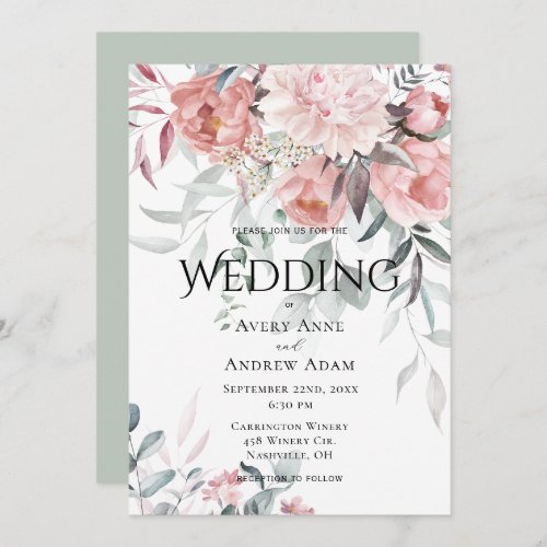Pink Watercolor Peony Greenery Wedding Invitation