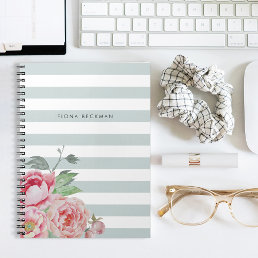 Pink Watercolor Peony &amp; Mint Stripe Notebook