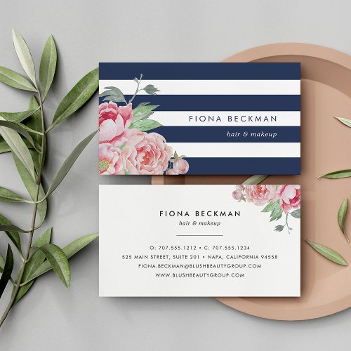 Pink Watercolor Peony  Navy Stripe Business Card