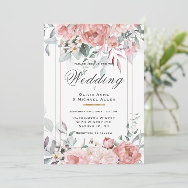 Pink Watercolor Peony Wedding Invitation (Standing Front)