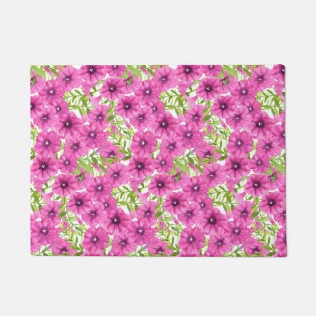 Pink watercolor petunia flower pattern doormat (Front)