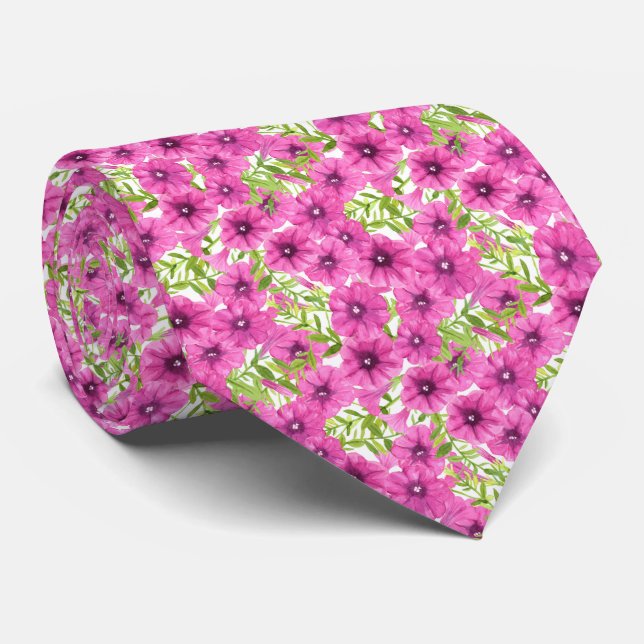 Pink watercolor petunia flower pattern neck tie (Rolled)