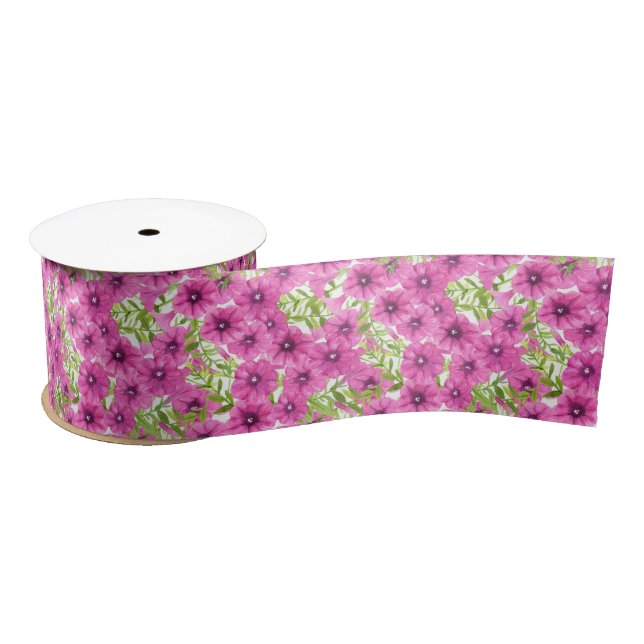 Pink watercolor petunia flower pattern satin ribbon (Spool)