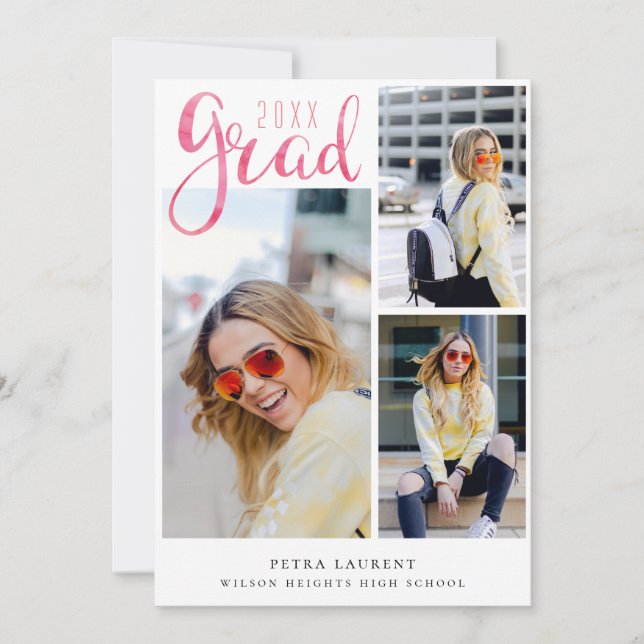 Pink Watercolor Photo Collage Graduation Announcement (Front)