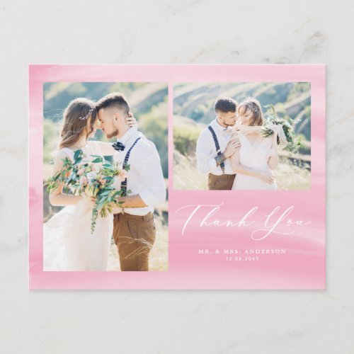 Pink Watercolor Photo Collage Wedding Thank You Postcard
