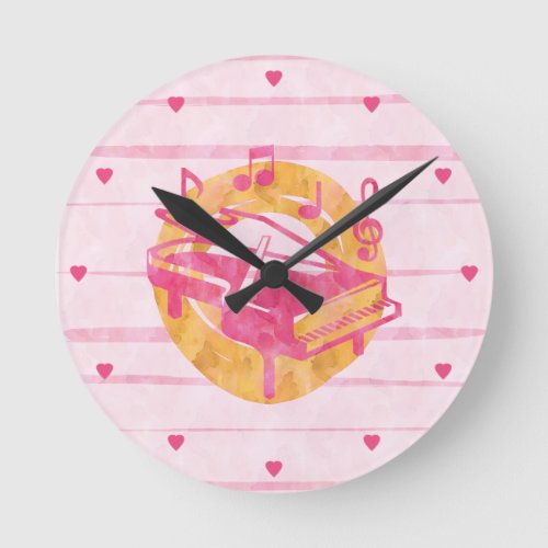 Pink Watercolor Piano and Musical Notes Round Clock