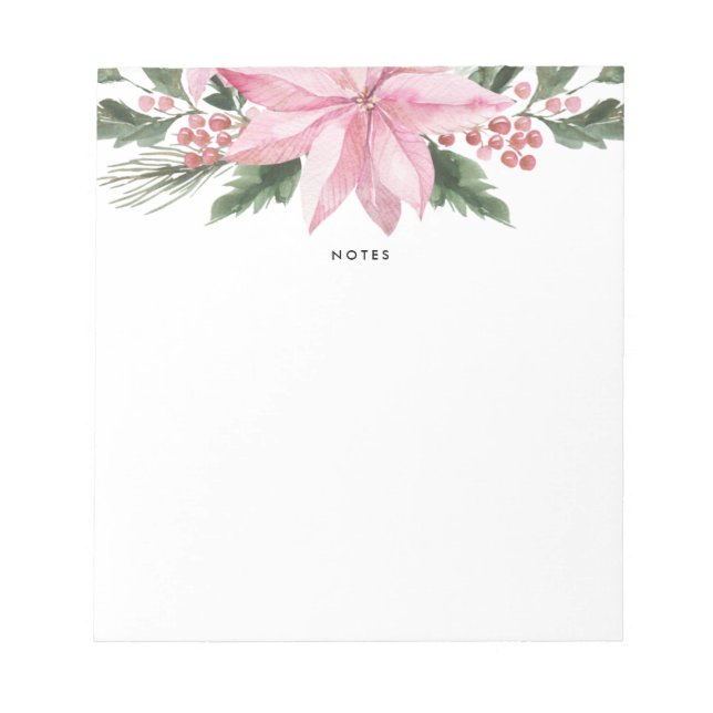 Pink Watercolor Poinsettia and Hollies Garland Notepad (Front)