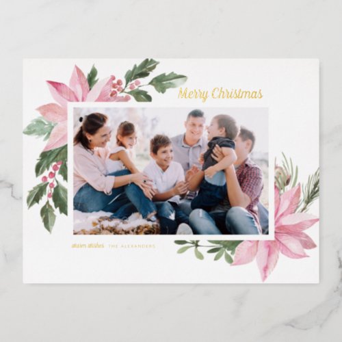 Pink Watercolor Poinsettia Frame Christmas Photo Foil Holiday Postcard