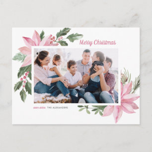 Pink Watercolor Poinsettia Frame Christmas Photo Holiday Postcard