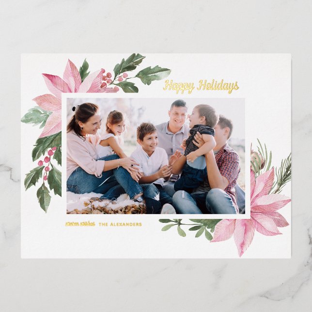 Pink Watercolor Poinsettia Frame Photo Foil Holiday Postcard (Front)