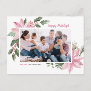 Pink Watercolor Poinsettia Frame Photo Holiday Postcard