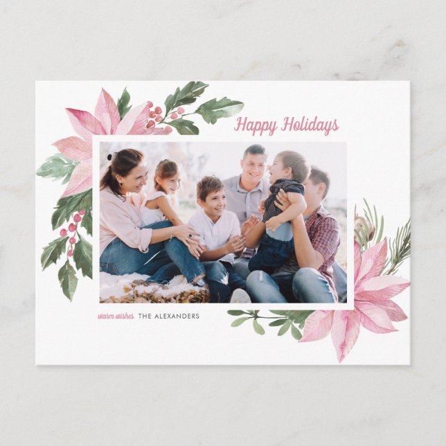 Pink Watercolor Poinsettia Frame Photo Holiday Postcard (Front)