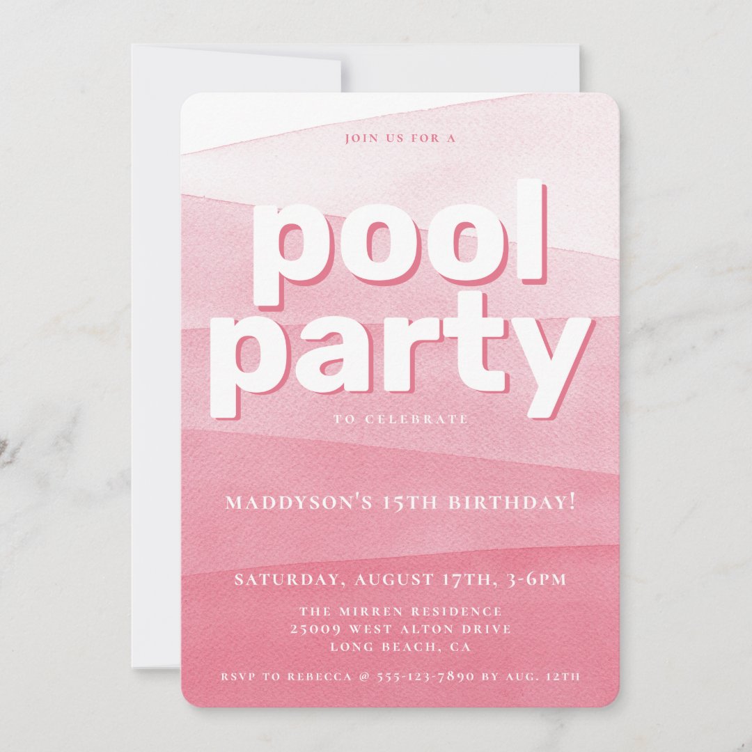 Pink Watercolor Pool Party Birthday Invitation | Zazzle