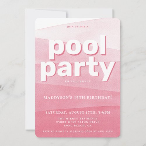 Pink Watercolor Pool Party Birthday Invitation