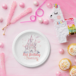 Pink Watercolor Princess Castel Paper Plates