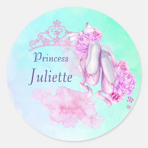 Pink Watercolor Princess Crown and Ballet Slippers Classic Round Sticker