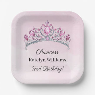 Pink Watercolor Princess Personalized Birthday Paper Plates