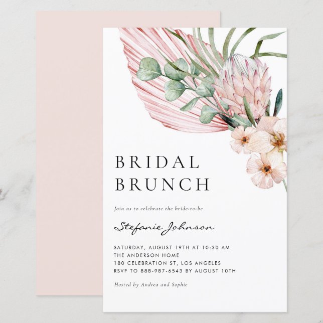Pink Watercolor Protea Summer Bridal Brunch Invite (Front/Back)