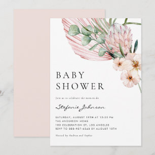 Pink Watercolor Protea Tropical Baby Shower Invitation