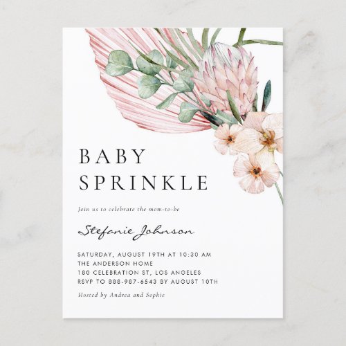 Pink Watercolor Protea Tropical Baby Sprinkle Invitation Postcard