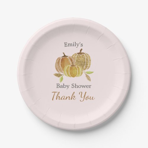 Pink Watercolor Pumpkin Fall Baby Shower Paper Plates