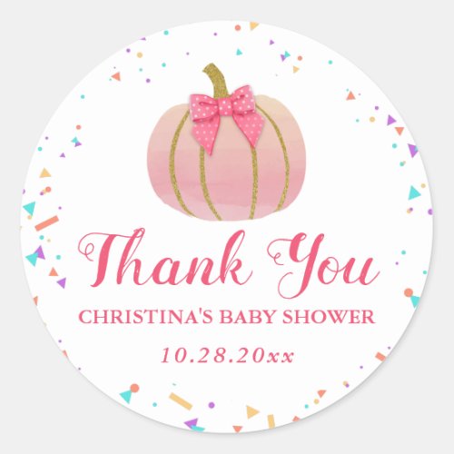 Pink Watercolor Pumpkin Thank You Baby Shower Classic Round Sticker