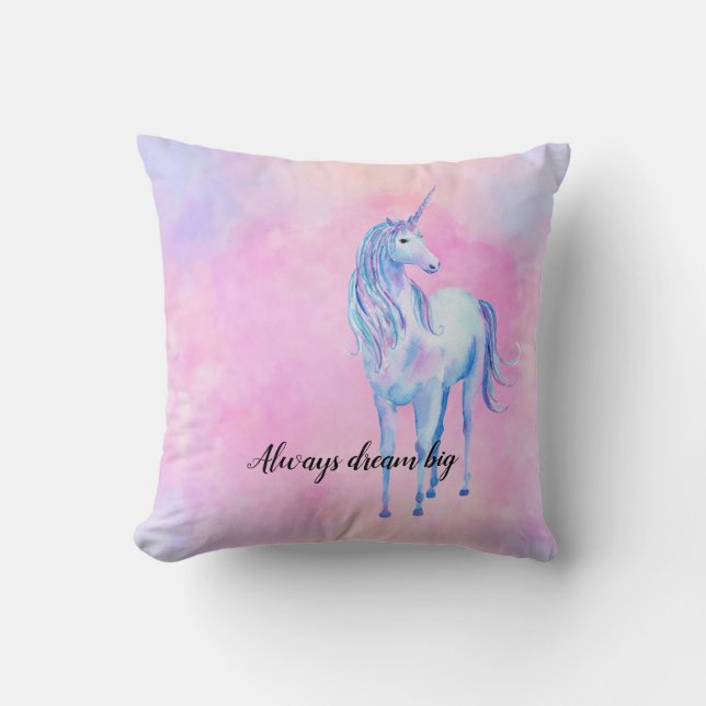 Pink Watercolor Purple Unicorn Throw Pillow (Front)