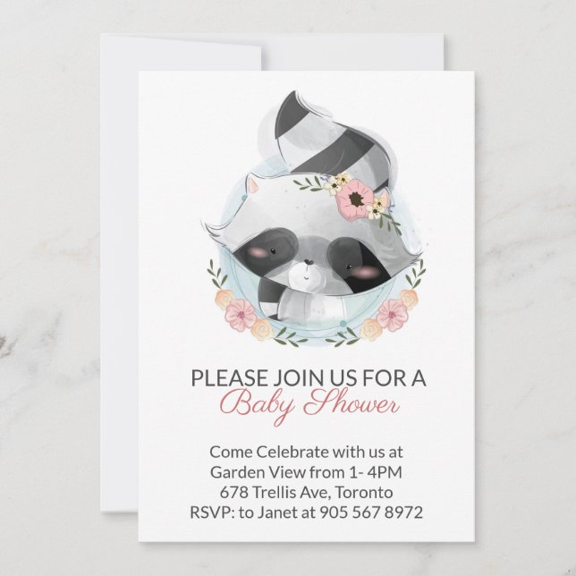 Pink Watercolor Raccoon Virtual Baby Shower Invitation (Front)