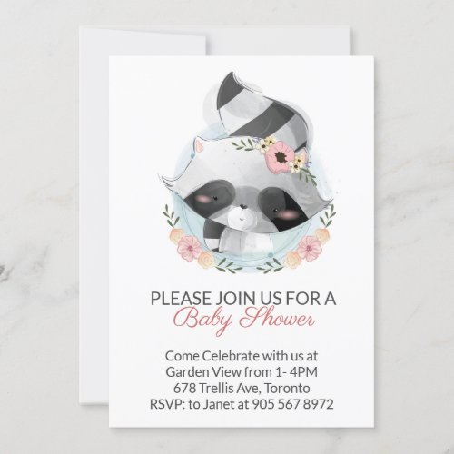 Pink Watercolor Raccoon Virtual Baby Shower Invitation