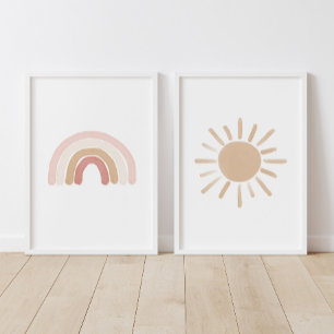 Pink Watercolor Rainbow and Sun Girl Nursery Wall Art Sets