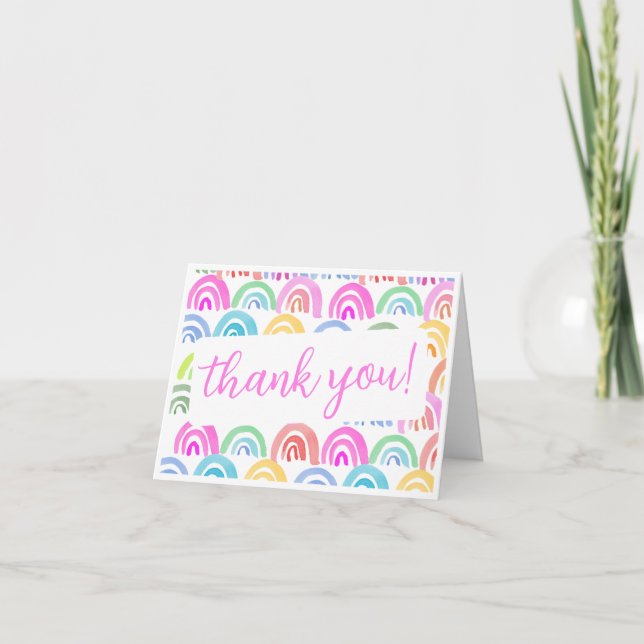 Pink Watercolor Rainbow Folded Thank You Card (Front)